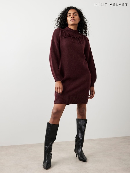 Mint Velvet Red Knit Bow Jumper Dress (G09923) | €179