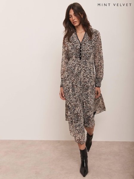 Mint Velvet Brown Leopard Print Asymmetric Midi Dress (G09933) | AED815