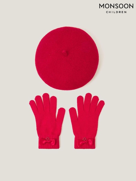 Monsoon Red Bow Wool Beret & Gloves Set (G10282) | AED156 - AED163