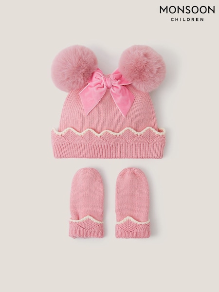 Monsoon Pink Baby Scallop Beanie Hat & Mittens Set (G10290) | AED142