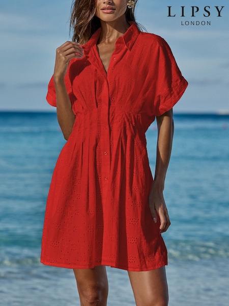 Lipsy Red Short Sleeve Broderie Mini Shirt Dress (G10324) | ₪214