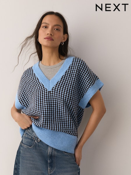 Blue/Chocolate Brown Tweed Drop Shoulder Knitted Tank Cover-Up (G10411) | LEI 230