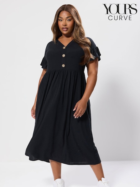 Yours Curve Black Ribbed Frill Midaxi Dress (G10495) | €45