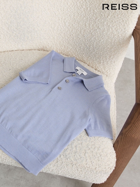 Reiss Sky Blue Manor Merino Wool Short-Sleeve Polo Shirt (G10519) | SGD 83