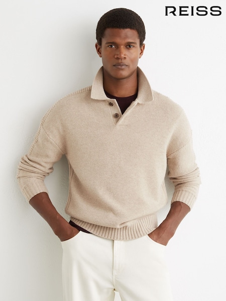 Reiss Oatmeal Elm Wool-Blend Half-Button Polo Jumper (G10532) | $280