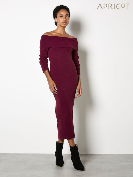 Apricot Red Fuzzy Ribbed Bardot Midaxi Dress (G10826) | €69