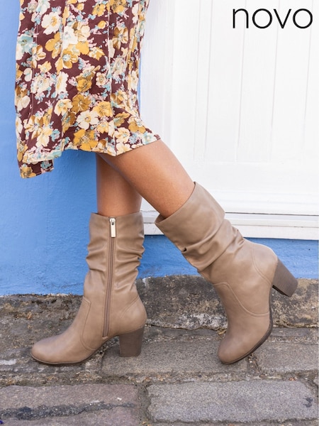 Natur - Novo Joany Block Heel Slouch Ruched Ankle Boots (G10891) | 69 €