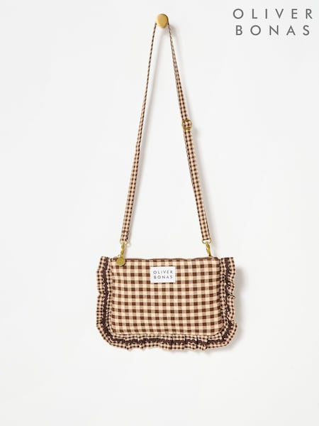 Oliver Bonas Brown Gingham Ruffle Pouch Cross-Body Bag (G10932) | R$ 315