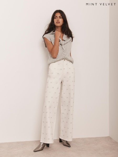 Mint Velvet White Embellished Wide Jeans (G10987) | €173
