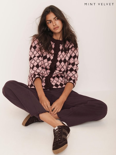 Mint Velvet Pink Wool Blend Argyle Knit Cardigan (G10996) | €184