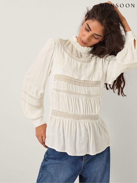 Monsoon Cream Lila Embroidered Lace Panel Blouse (G11081) | €91