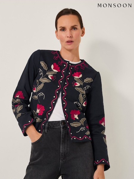 Monsoon Black Valerie Floral Embroidered Jacket (G11094) | 544 QAR