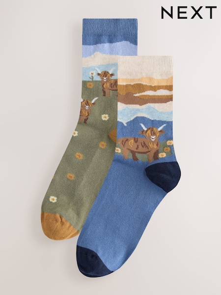 Hamish The Highland Cow Scene Warm Handle Cotton Ankle Socks 2 Pack (G11167) | €10