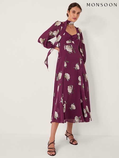 Monsoon Red Amber Floral Print Midi Dress & Scarf (G11367) | 619 QAR