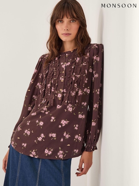 Monsoon Brown Hanya Floral Print Ruffle Blouse (G11370) | €78