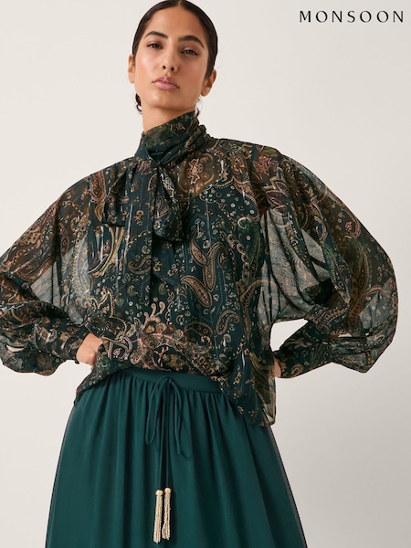 Monsoon Green Marianna Sheer Paisley Pussybow Blouse (G11381) | €99