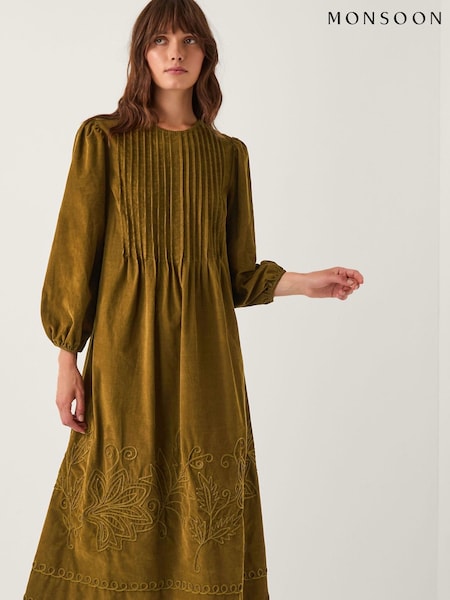 Monsoon Green Joyce Pintuck Embroidered Corduroy Midi Dress (G11391) | €131