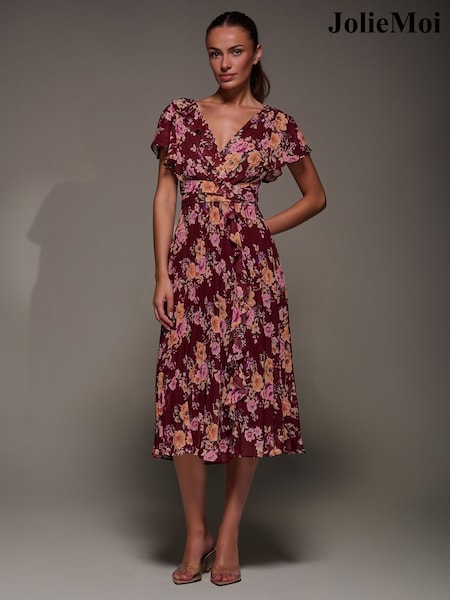 Jolie Moi Red Printed Ruffle Detail Pleated Chiffon Midi Dress (G11556) | 337 QAR