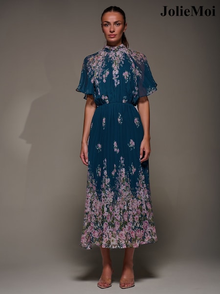 Jolie Moi Blue High Neck Short Sleeve Pleated Chiffon Dress (G11560) | 386 QAR