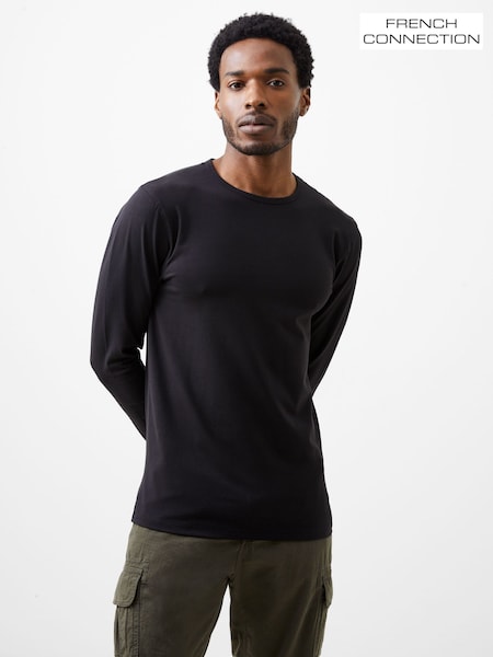 French Connection Black Cotton Blend Crew Neck Long Sleeve Stretch T-Shirt (G11960) | 148 QAR