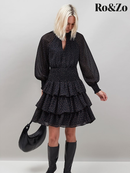 Ro&Zo Black Dash Print Tiered Mini Dress (G12254) | €158
