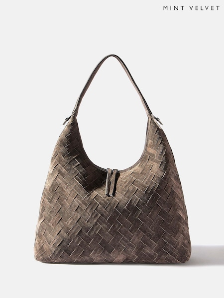 Mint Velvet Grey May  Woven Suede Shoulder Bag (G12323) | 831 QAR