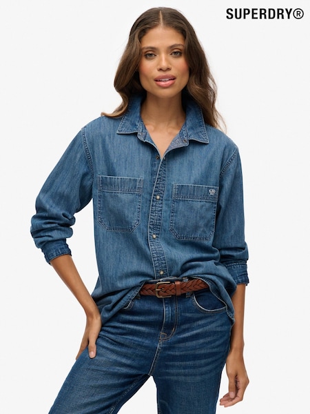 Azul - Superdry Denim Oversized Shirt (G12393) | R$ 445