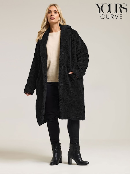 Yours Curve Black Teddy Midi Coat (G12442) | €99