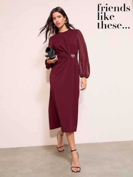 Friends Like These Red Chiffon Long Sleeve Hardware Detail Midi Dress (G12444) | LEI 357