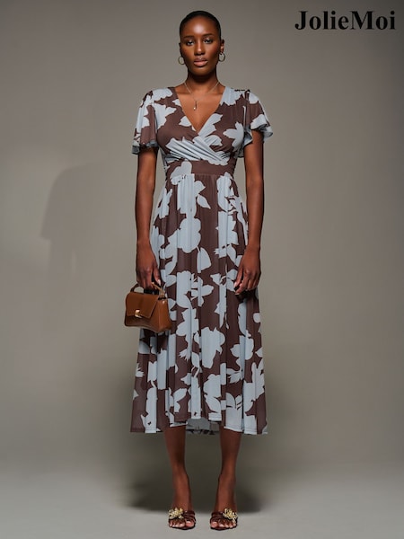 Jolie Moi Brown Mesh Short Sleeve Midaxi Dress (G12472) | €103