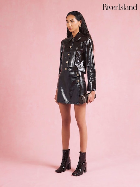 River Island Brown Faux Leather Button Detail Asymmetric Mini Skirt (G12849) | €44