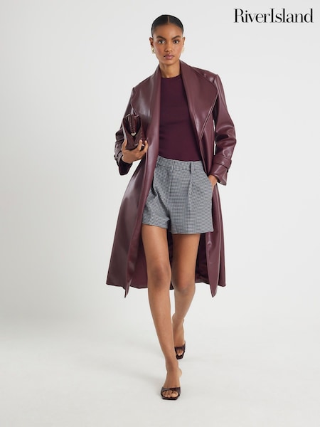 River Island Burgundy Faux Leather Long Line Belted Wrap Coat (G12858) | €119