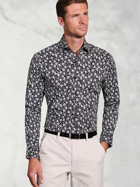 Brook Taverner Black Floral Stretch Cotton Shirt (G13162) | 247 QAR