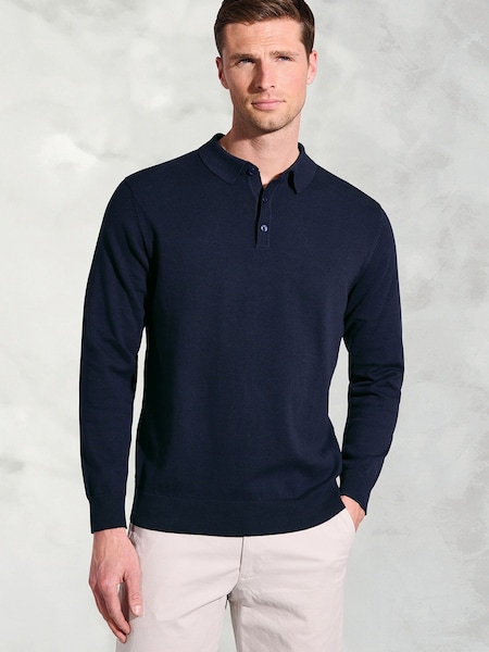 Brook Taverner Blue Cotton Merino Long Sleeve Polo Shirt (G13173) | €80