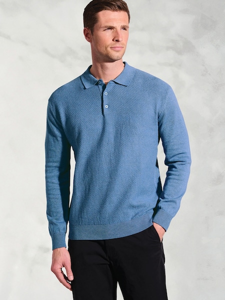 Brook Taverner Blue Textured Cotton Long Sleeve Polo Shirt (G13179) | €80