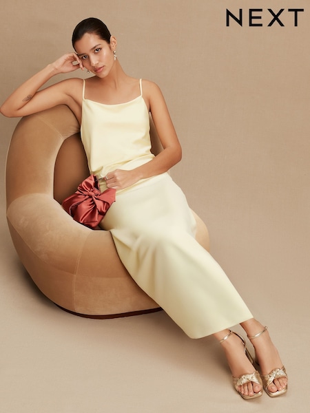 Buttermilk Yellow Satin Cowl Neck Wedding Guest Bridesmaid Maxi Dress (G13260) | AED273