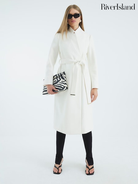 River Island Cream Notch Collar Belted Wrap Coat (G13348) | R$ 780