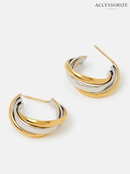 Accessorize Gold Tone Stainless Steel Mixed Metal Twist Hoop Earrings (G13416) | €28