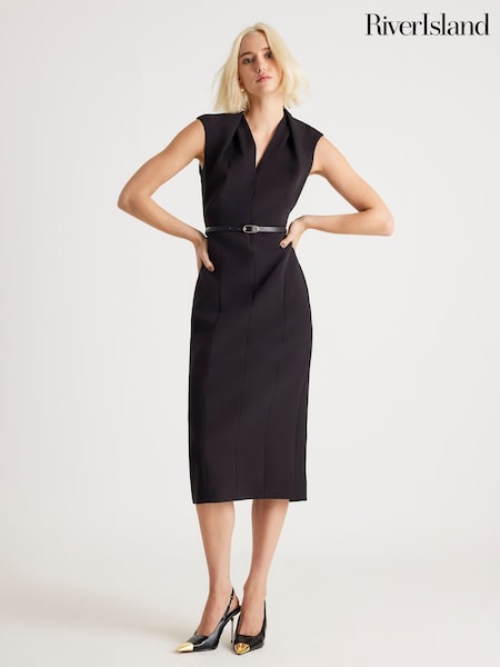 Svart - River Island V-neck Belted Midi Dress