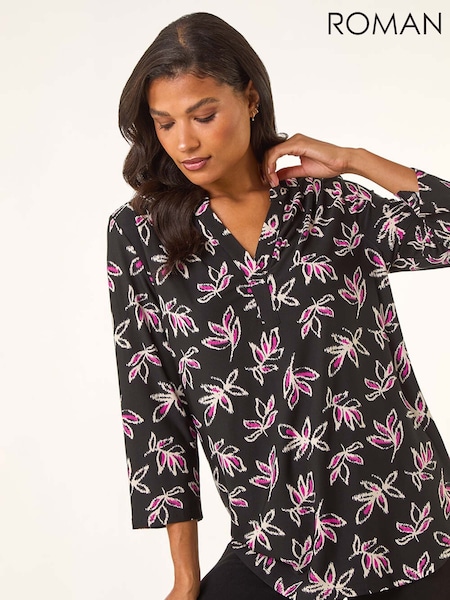 Roman Black Abstract Print V-Neck Stretch Blouse (G13808) | €53