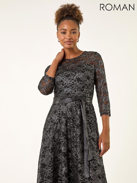 Roman Metallic Lace Frill Sleeve Dress (G13824) | R$ 785