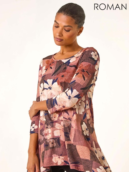Roman Brown Floral Print Hanky Hem Stretch Shirt (G13828) | €64