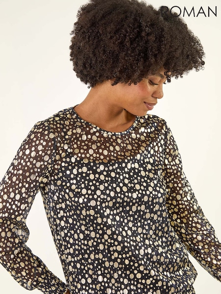 Roman Metallic Spot Print Plisse Shirred Blouse (G13835) | €60