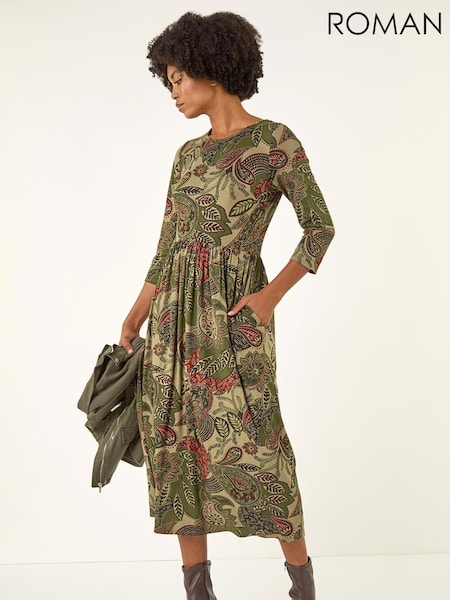 Roman Green Paisley Print Stretch Midi Dress (G13836) | €60