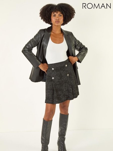 Roman Black Pleated Box Button Skirt (G13837) | R$ 385