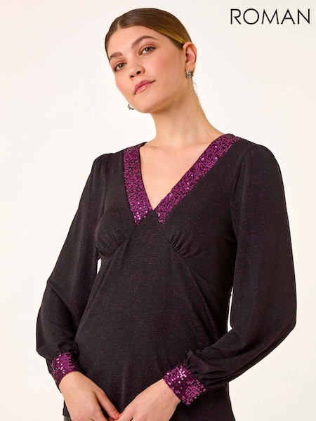 Roman Pink Brillo Sequin V-Neck Blouse (G13838) | €53