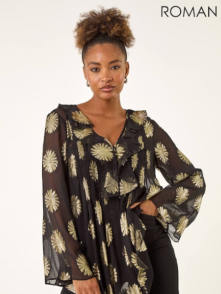 Roman Black Floral Jacquard Frill Buttoned Blouse (G13839) | AED306