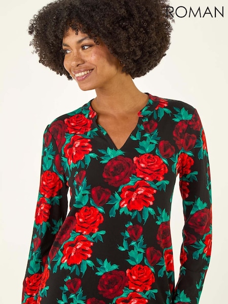 Roman Red Floral Print V-Neck Chiffon Shirt (G13844) | €53