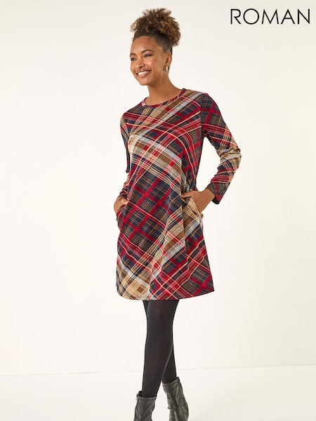 Vermelho - Roman Check Print Swing Pocket Dress (G13854) | R$ 545