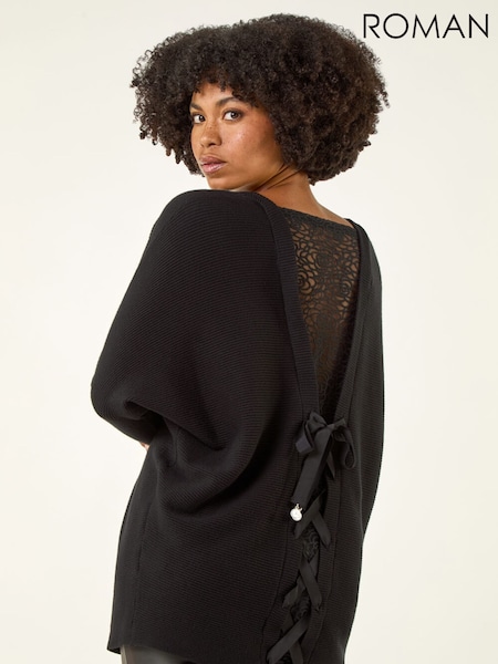 Roman Black V-Neck Lace Back Knit Jumper (G13869) | €60